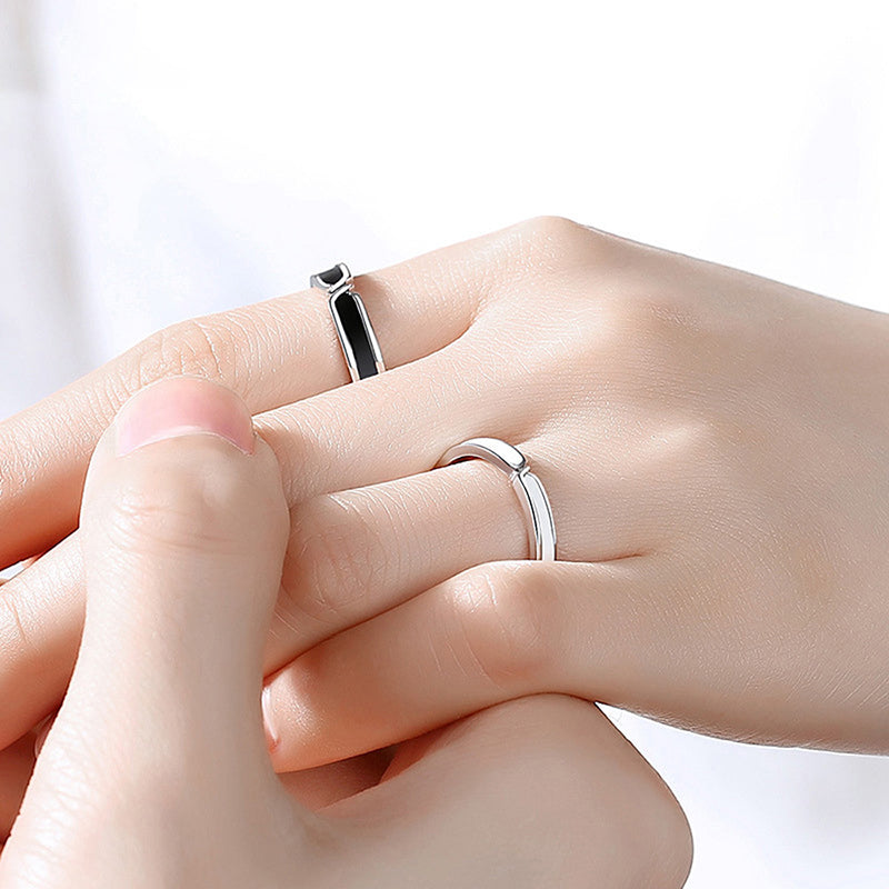 Black & White Bond Couple Rings - 925 Sterling Silver Japanese-Inspired Long Distance Matching Set