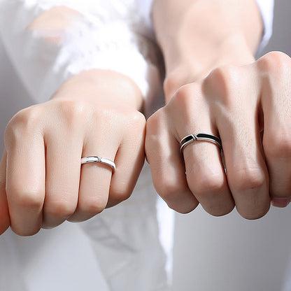 Black & White Bond Couple Rings - 925 Sterling Silver Japanese-Inspired Long Distance Matching Set