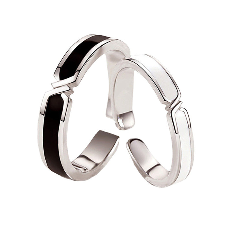 Black & White Bond Couple Rings - 925 Sterling Silver Japanese-Inspired Long Distance Matching Set