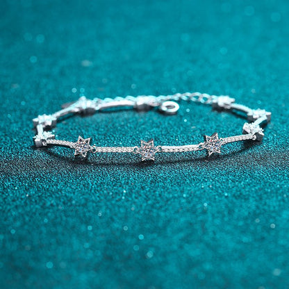 Bohemian Starry Sky Rhodium Plated Sterling Silver Bracelet - 1ct Moissanite with Starburst Design