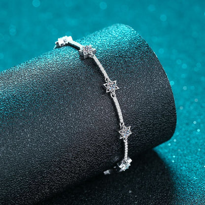 Bohemian Starry Sky Rhodium Plated Sterling Silver Bracelet - 1ct Moissanite with Starburst Design