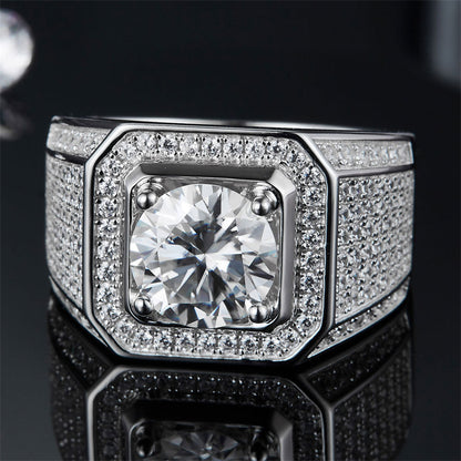 Bold European-Style Men's Ring – 925 Sterling Silver Full Moissanite Band with Lucky Motifs