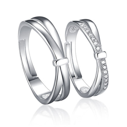Bow Knot Zircon Couple Rings - 925 Sterling Silver Adjustable Matching Set