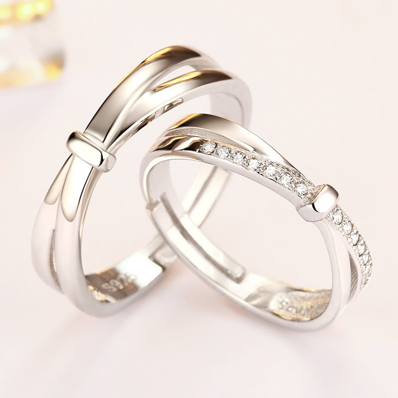 Bow Knot Zircon Couple Rings - 925 Sterling Silver Adjustable Matching Set
