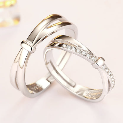 Bow Knot Zircon Couple Rings - 925 Sterling Silver Adjustable Matching Set