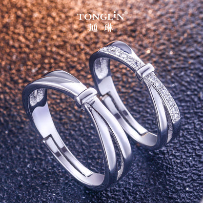 Bow Knot Zircon Couple Rings - 925 Sterling Silver Adjustable Matching Set
