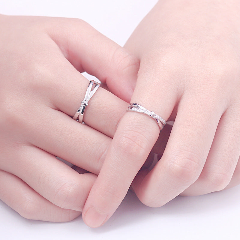 Bow Knot Zircon Couple Rings - 925 Sterling Silver Adjustable Matching Set