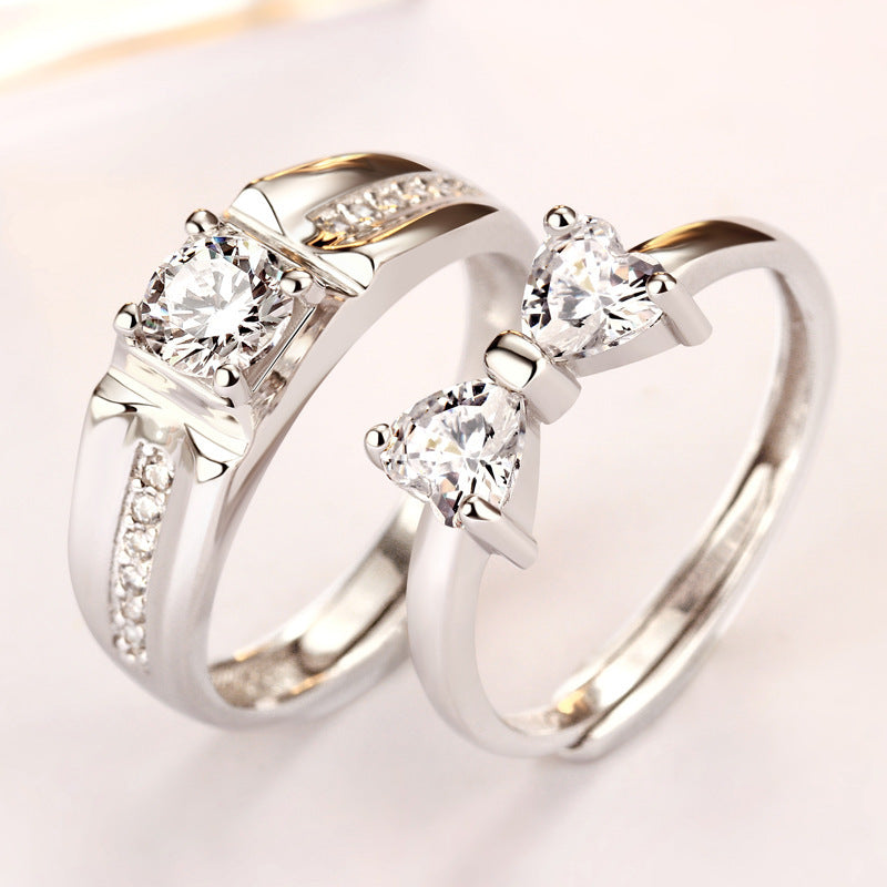 Bow & Heart Couple Rings - 925 Sterling Silver 8-Hearts & Arrows Zircon Matching Set