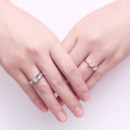 Bow & Heart Couple Rings - 925 Sterling Silver 8-Hearts & Arrows Zircon Matching Set