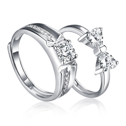 Bow & Heart Couple Rings - 925 Sterling Silver 8-Hearts & Arrows Zircon Matching Set