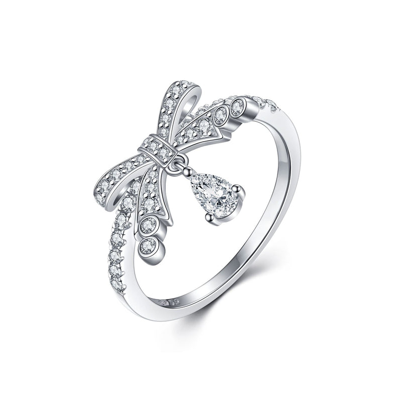 Bow & Teardrop 925 Silver Ring - Elegant Wedding Band with Zirconia Stones