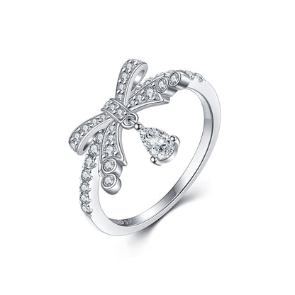 Bow & Teardrop 925 Silver Ring - Elegant Wedding Band with Zirconia Stones