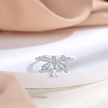 Bow & Teardrop 925 Silver Ring - Elegant Wedding Band with Zirconia Stones