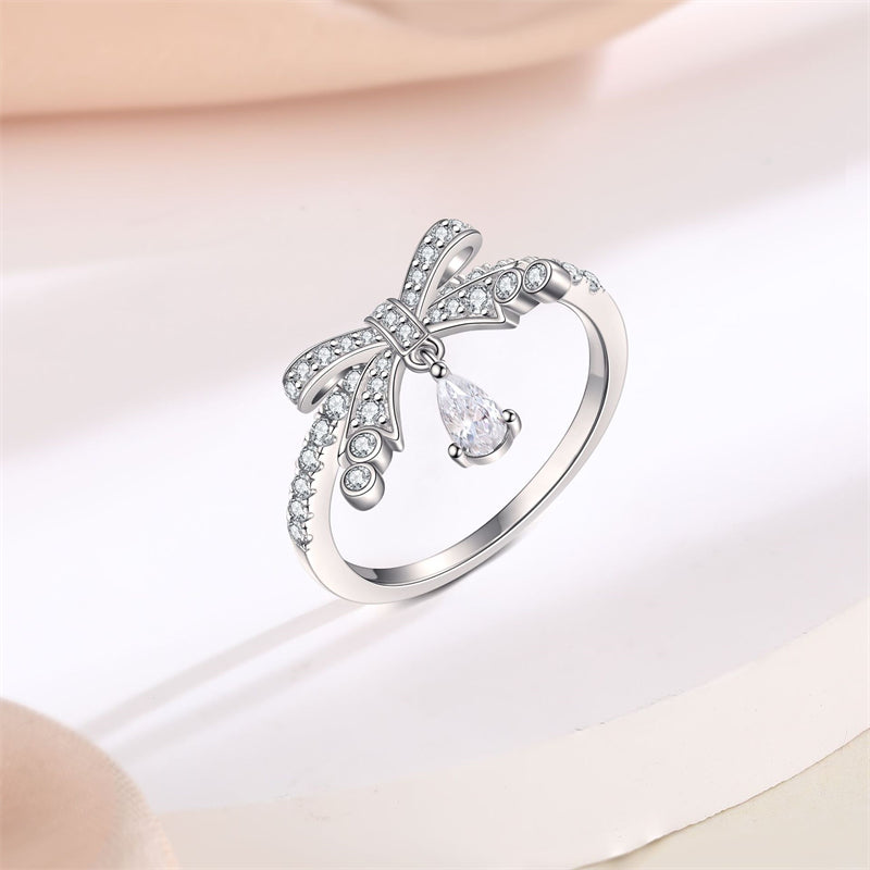 Bow & Teardrop 925 Silver Ring - Elegant Wedding Band with Zirconia Stones