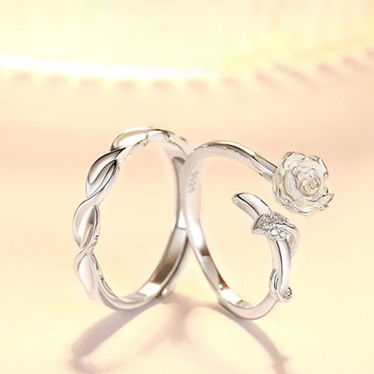 Camellia Flower Couple Rings - 925 Sterling Silver Botanical Matching Set