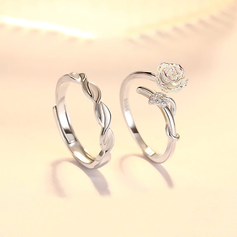 Camellia Flower Couple Rings - 925 Sterling Silver Botanical Matching Set