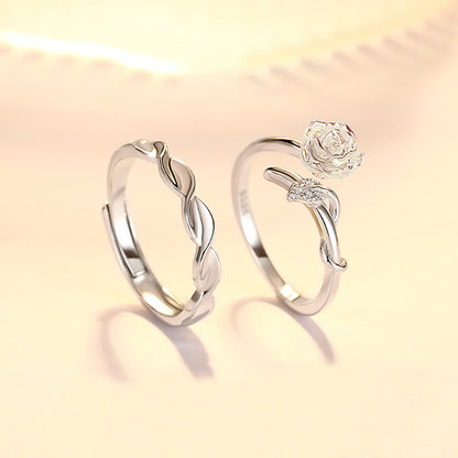 Camellia Flower Couple Rings - 925 Sterling Silver Botanical Matching Set