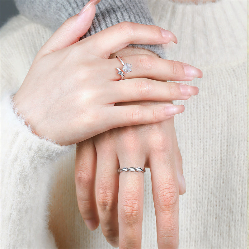 Camellia Flower Couple Rings - 925 Sterling Silver Botanical Matching Set