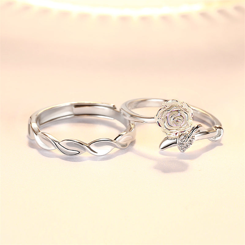 Camellia Flower Couple Rings - 925 Sterling Silver Botanical Matching Set