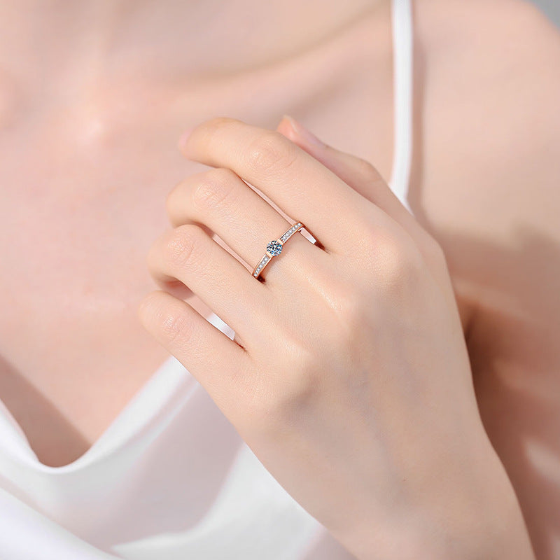 Champagne Gold Plated Moissanite Ring - 925 Sterling Silver Geometric Minimalist Design