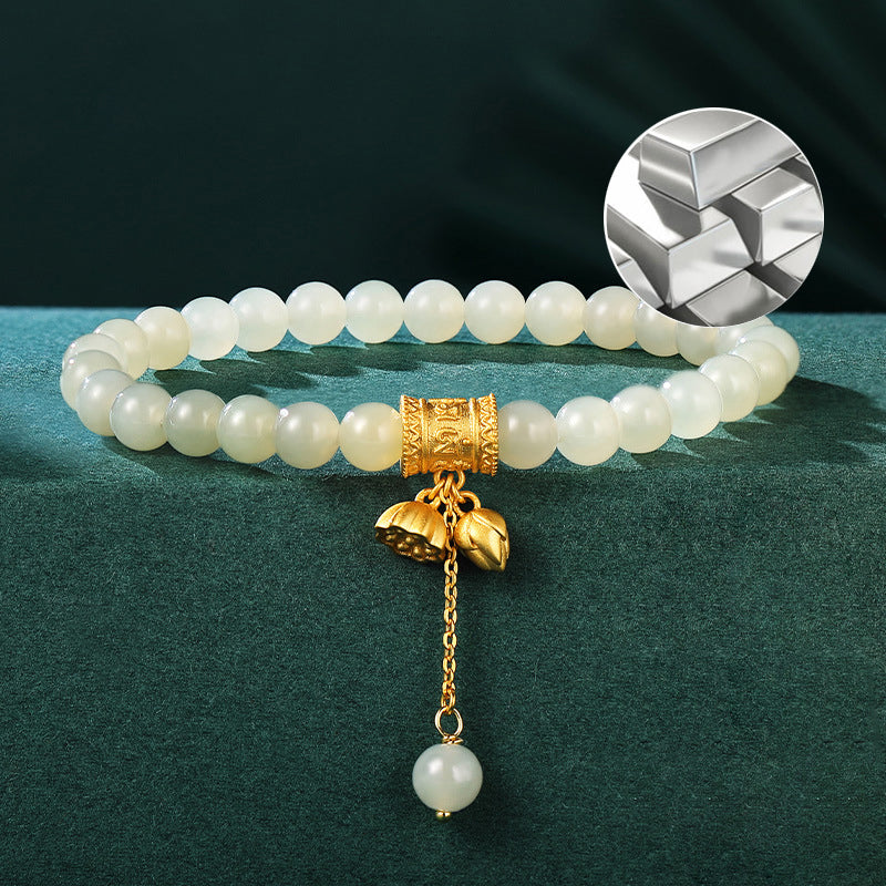 Chinese Lotus Bracelet 925 Silver Floral Jade Beads