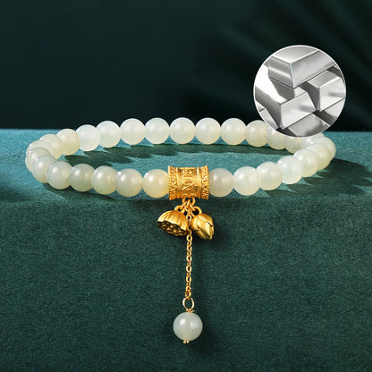 Chinese Lotus Bracelet 925 Silver Floral Jade Beads