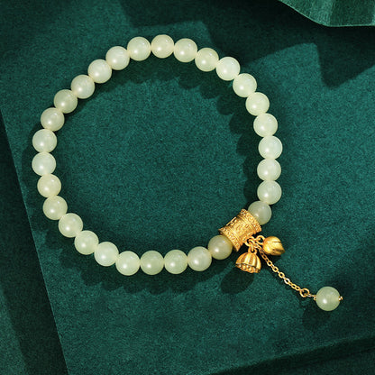 Chinese Lotus Bracelet 925 Silver Floral Jade Beads