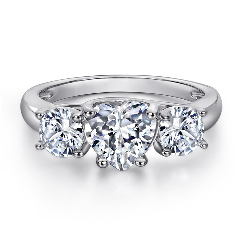 Classic Three-Stone 925 Silver Ring - Heart & Round Zirconia Bridal Set