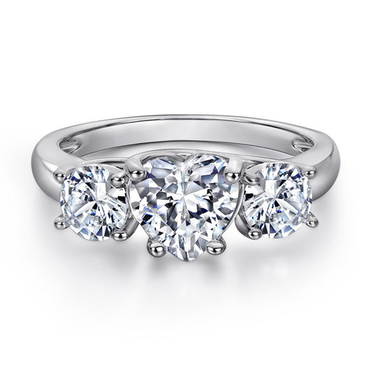 Classic Three-Stone 925 Silver Ring - Heart & Round Zirconia Bridal Set