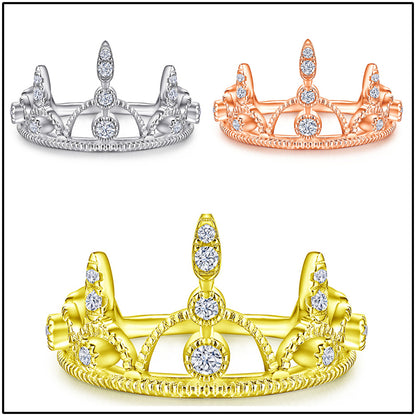 Crown Design 925 Silver Ring - 18K Gold Plated Zirconia Band for Women