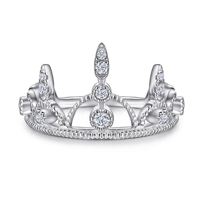 Crown Design 925 Silver Ring - 18K Gold Plated Zirconia Band for Women
