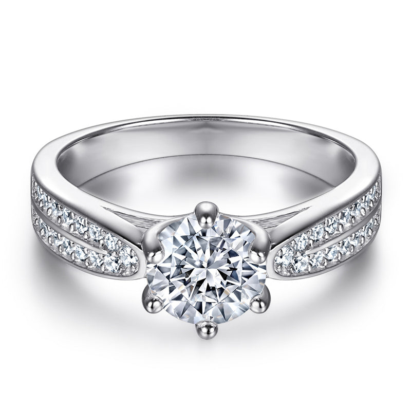 Crown Setting Solitaire Zircon Ring - 925 Sterling Silver Engagement Ring for Women