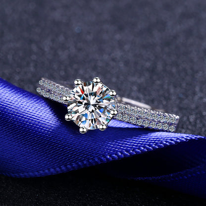 Crown Six-Prong Moissanite Ring - 925 Sterling Silver Pavé Band Elegant Everyday Ring