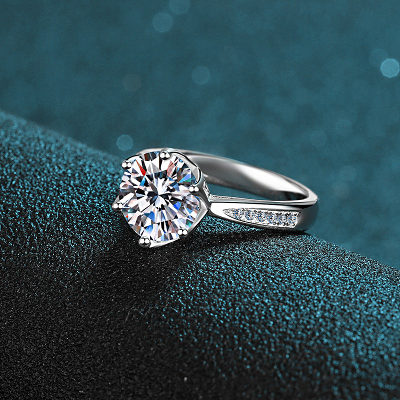Crown Solitaire Moissanite Ring - 925 Sterling Silver 3-Carat Six-Prong Setting with Floral Motifs