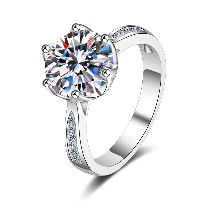 Crown Solitaire Moissanite Ring - 925 Sterling Silver 3-Carat Six-Prong Setting with Floral Motifs