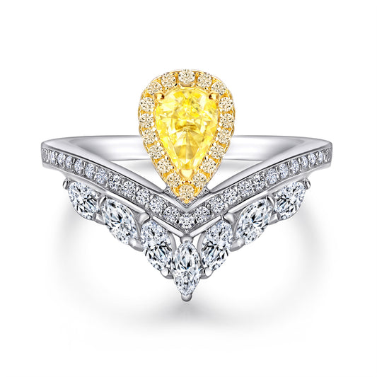 Crown & Teardrop 925 Silver Ring - Delicate Gold-Plated Band with Yellow Diamonds
