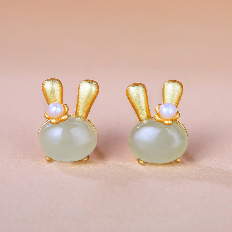 925 Sterling Silver Jade Rabbit Stud Earrings - Cute Bunny Gemstone Earrings for Women