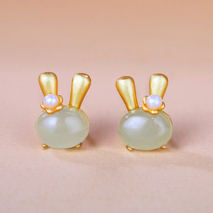 925 Sterling Silver Jade Rabbit Stud Earrings - Cute Bunny Gemstone Earrings for Women