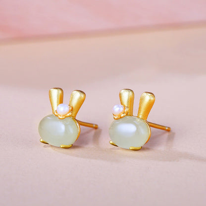 925 Sterling Silver Jade Rabbit Stud Earrings - Cute Bunny Gemstone Earrings for Women