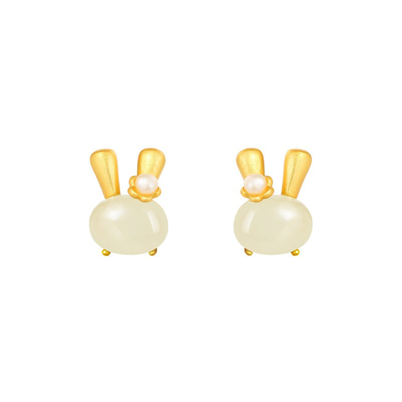 925 Sterling Silver Jade Rabbit Stud Earrings - Cute Bunny Gemstone Earrings for Women