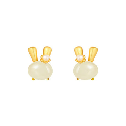 925 Sterling Silver Jade Rabbit Stud Earrings - Cute Bunny Gemstone Earrings for Women