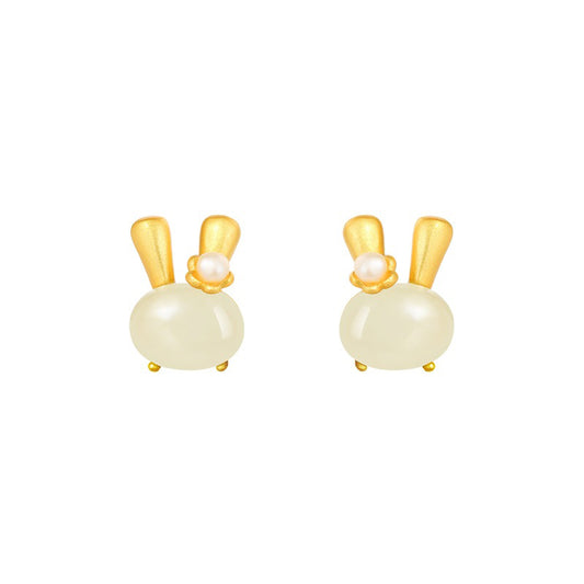925 Sterling Silver Jade Rabbit Stud Earrings - Cute Bunny Gemstone Earrings for Women
