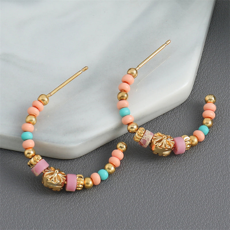 Dainty Floral Geometric Gold-Plated Natural Stone Stud Earrings