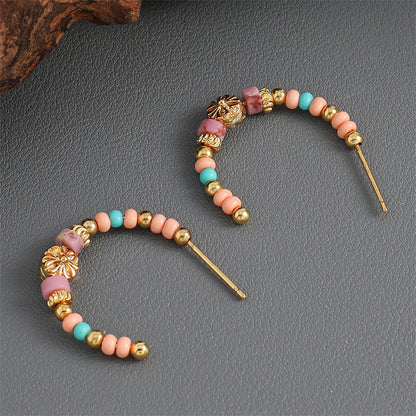 Dainty Floral Geometric Gold-Plated Natural Stone Stud Earrings