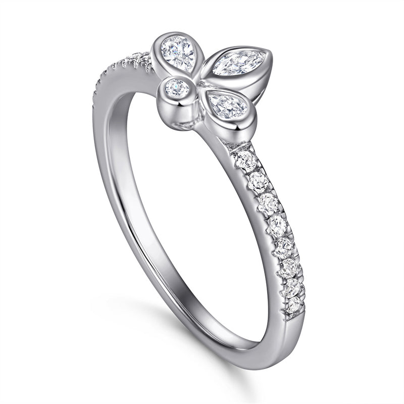 Dainty S925 Sterling Silver Bow Ring with Simulated Diamonds - Elegant Floral Jewelry
