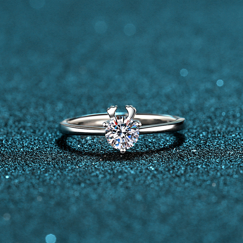 Deer Antler Solitaire Moissanite Ring - 925 Sterling Silver Cute Adjustable Ring