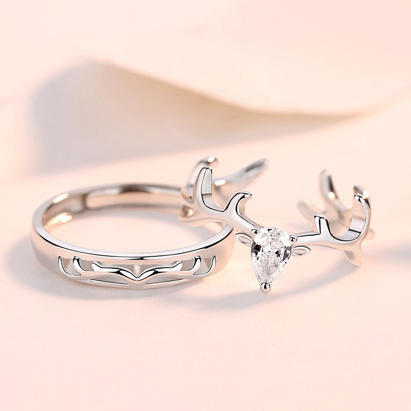 "Deer Love" Couple Rings - 925 Sterling Silver Adjustable Matching Set with Zircon Accents