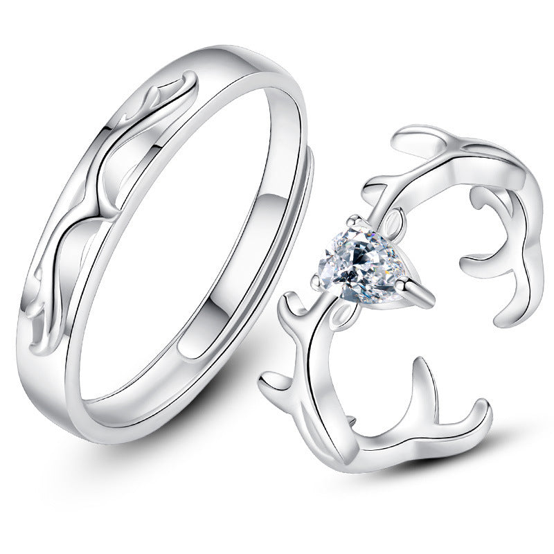 "Deer Love" Couple Rings - 925 Sterling Silver Adjustable Matching Set with Zircon Accents