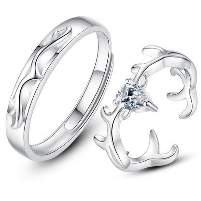 "Deer Love" Couple Rings - 925 Sterling Silver Adjustable Matching Set with Zircon Accents