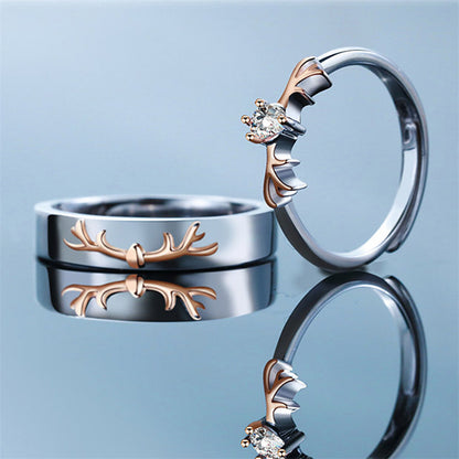 "Deer Love" Couple Rings - 925 Sterling Silver Two-Tone Deer Motif Matching Set